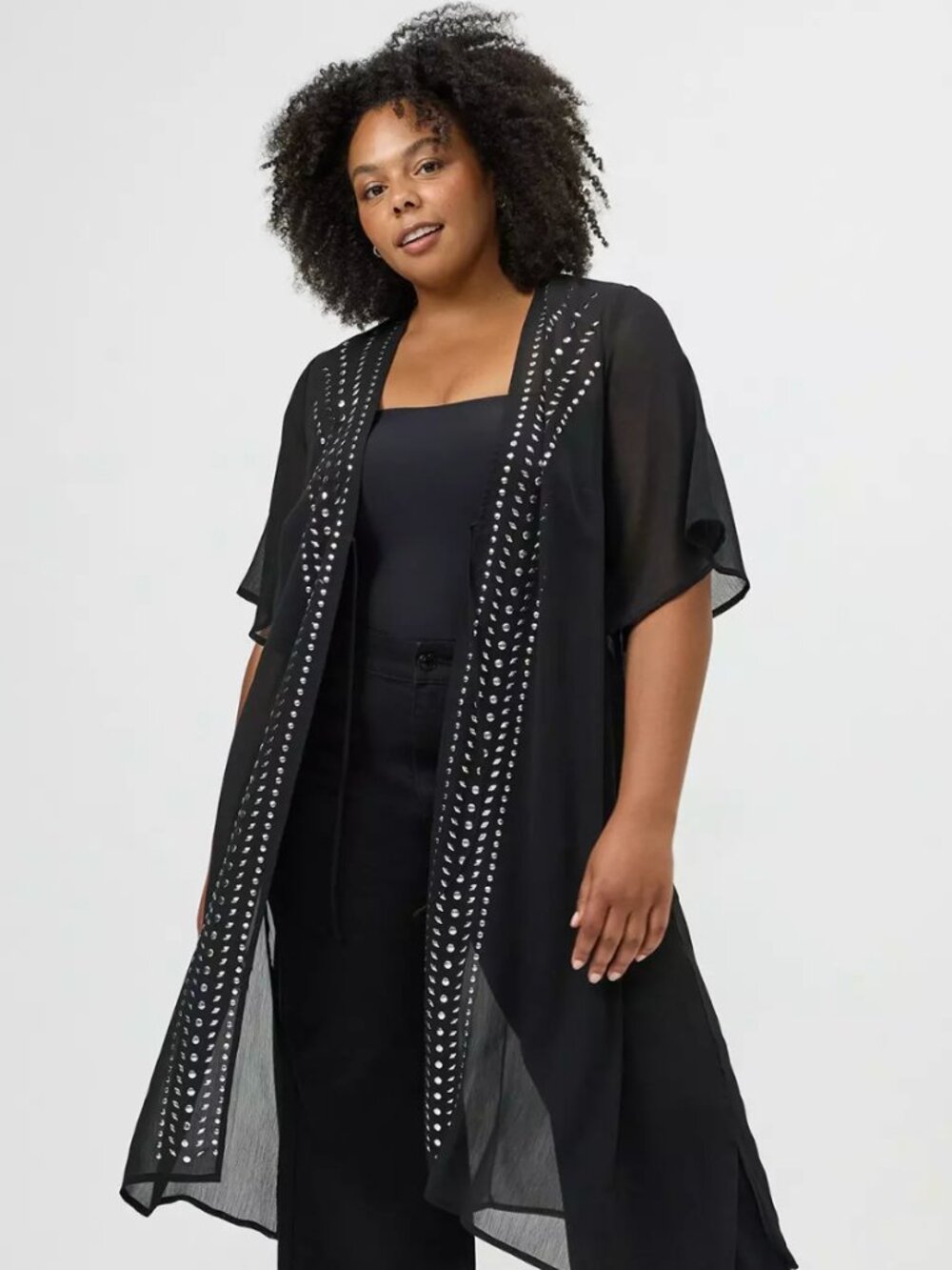 Black Studded Sheer Kimono Duster | Festival Boho Glam Cover Up
